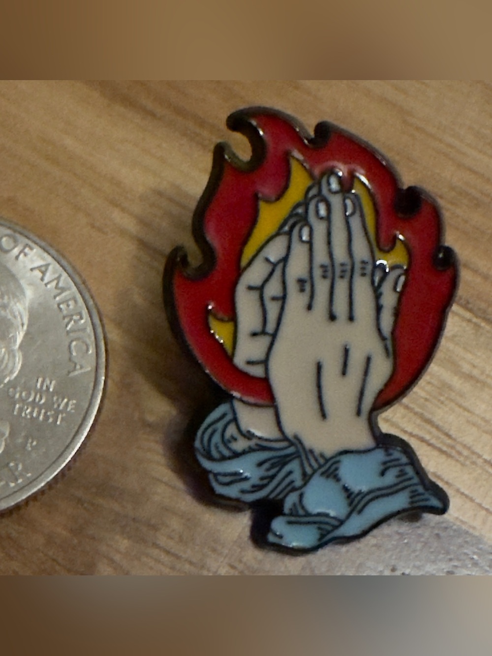 Vintage praying Hands Enamel Pin with Red & Yellow Flame Accent